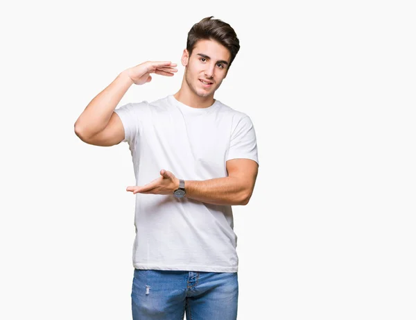 Young Handsome Man Wearing White Shirt Isolated Background Gesturing Hands — Stock Photo, Image
