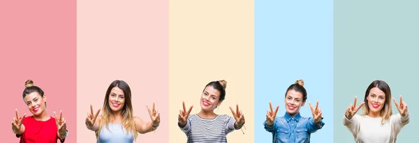 Collage Van Jonge Mooie Vrouw Kleurrijke Vintage Strepen Achtergrond Glimlachend — Stockfoto