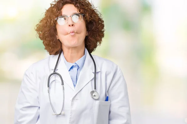 Middle Ager Senior Doctor Woman Isolated Background Making Fish Face — Stock Photo, Image