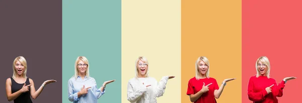 Collage Vacker Blond Kvinna Över Vintage Isolerade Bakgrund Förvånade Och — Stockfoto