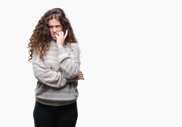 Bella Bruna Capelli Ricci Ragazza Che Indossa Maglione Invernale Sfondo — Foto Stock