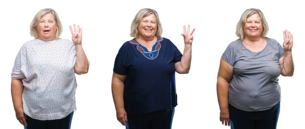 Collage Senior Fat Woman Isolated Background Showing Pointing Fingers Number — Stock Photo, Image