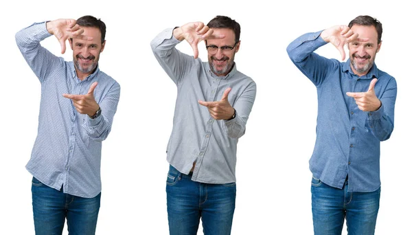 Yakışıklı üst düzey iş adamı elle yapma çerçeve ve parmakları ile mutlu yüz gülümseyen beyaz izole arka plan üzerinde kolaj. Yaratıcılık ve Fotoğrafçılık kavramı.
