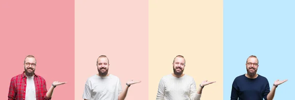 Collage Joven Con Barba Sobre Rayas Colores Fondo Aislado Sonriendo —  Fotos de Stock