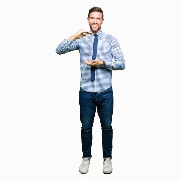 Hombre Negocios Guapo Con Corbata Haciendo Gestos Con Las Manos — Foto de Stock