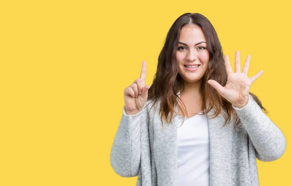 Mooie Grootte Jonge Vrouw Dragen Winter Jas Geïsoleerde Achtergrond Tonen — Stockfoto