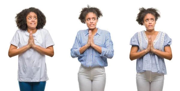 Коллаж Африканской Американки Изолированном Фоне Попрошайничает Молится Руками Вместе Выражением — стоковое фото