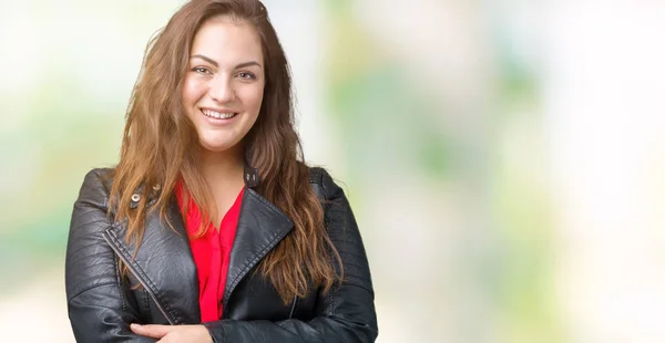 Mooie Grootte Jonge Vrouw Een Mode Leren Jas Dragen Geïsoleerde — Stockfoto