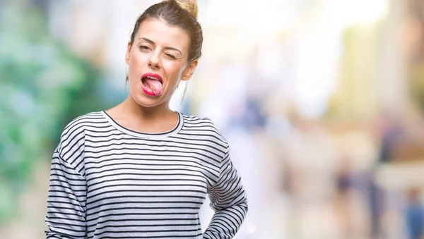 Ung Vacker Kvinna Casual Ränder Tröja Över Suddig Bakgrund Fast — Stockfoto