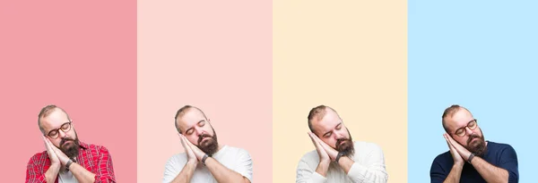 Colagem Jovem Com Barba Sobre Listras Coloridas Fundo Isolado Dormindo — Fotografia de Stock