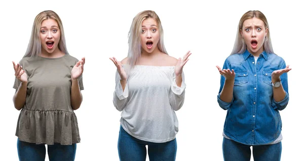 Collage Beautiful Blonde Young Woman Isolated Background Afraid Shocked Surprise — Stock Photo, Image