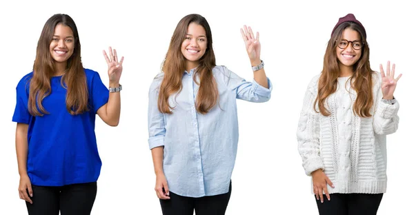 Collage Hermosa Joven Sobre Fondo Aislado Mostrando Apuntando Hacia Arriba —  Fotos de Stock