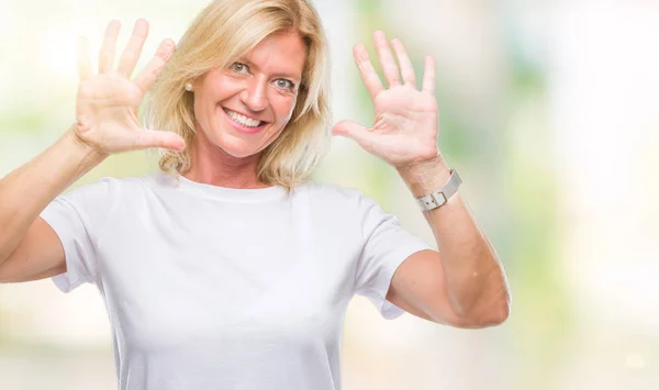 Middle Age Blonde Woman Isolated Background Showing Pointing Fingers Number — Stock Photo, Image