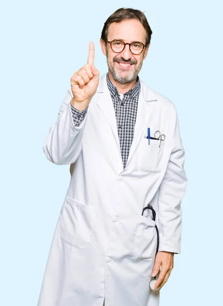 Middle Age Doctor Men Wearing Medical Coat Showing Pointing Finger — Stock Photo, Image