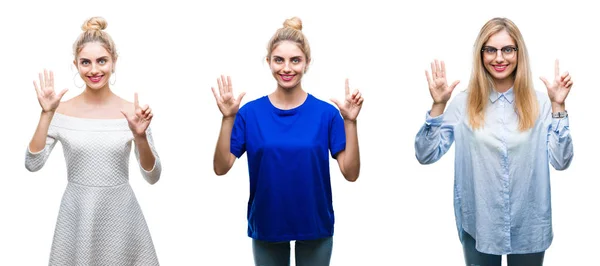 Collage Einer Jungen Schönen Blonden Frau Vor Isoliertem Hintergrund Die — Stockfoto