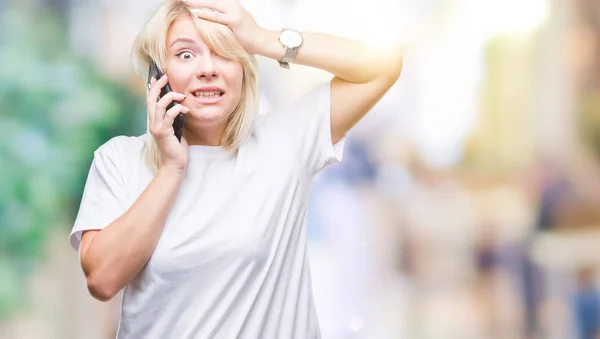 Young Beautiful Blonde Woman Calling Talking Smartphone Isolated Background Stressed — Stock Photo, Image