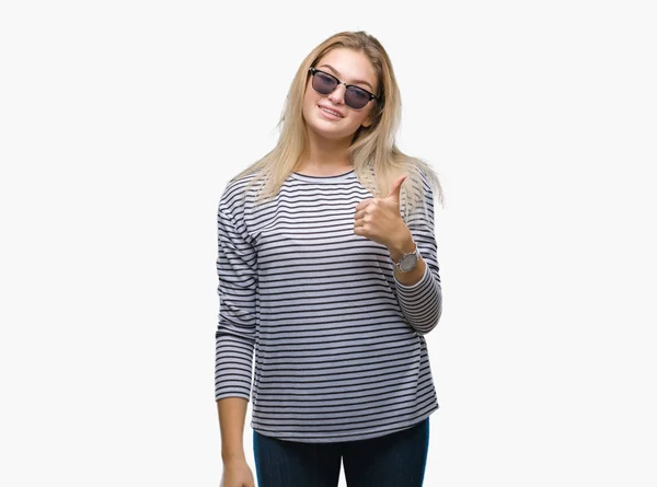 Young Caucasian Woman Wearing Sunglasses Isolated Background Doing Happy Thumbs — Stock Photo, Image