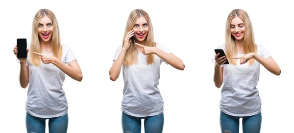 Kolaż Młode Piękne Blondynka Dorywczo Kobiety Pomocą Smartfona Białym Tle — Zdjęcie stockowe