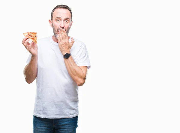 Moyen Age Vieil Homme Manger Pizza Tranche Sur Fond Isolé — Photo