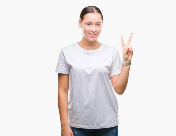 Young Beautiful Caucasian Woman Isolated Background Showing Pointing Fingers Number — Stock Photo, Image