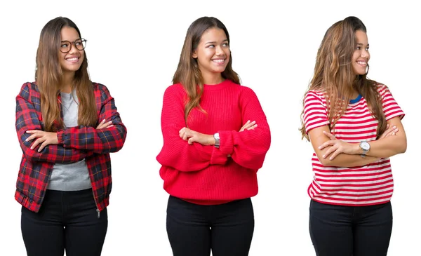 Colagem Bela Jovem Sobre Fundo Isolado Sorrindo Olhando Para Lado — Fotografia de Stock