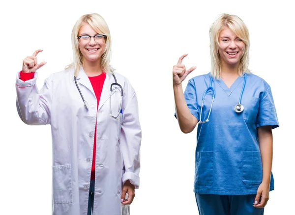 Koláž Lékař Zdravotní Sestra Ženy Nad Bílý Samostatný Pozadí Usmívá — Stock fotografie