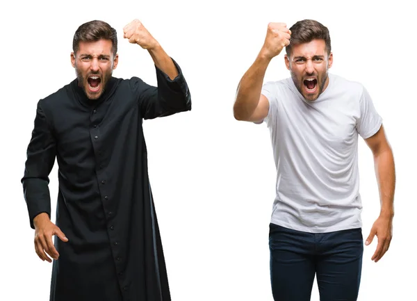 Collage Bel Giovane Sacerdote Cattolico Sfondo Isolato Arrabbiato Pazzo Alzando — Foto Stock