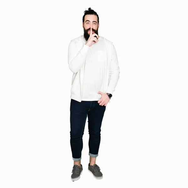 Young Man Long Hair Beard Wearing Sporty Sweatshirt Asking Quiet — Stock Photo, Image
