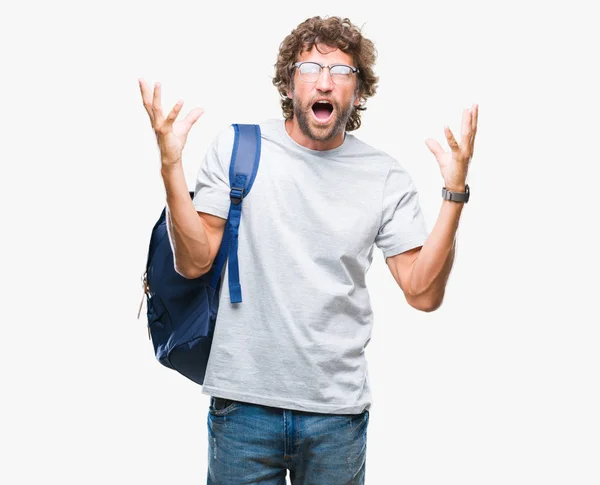 Handsome Hispanic Student Man Wearing Backpack Glasses Isolated Background Crazy — Stock Photo, Image