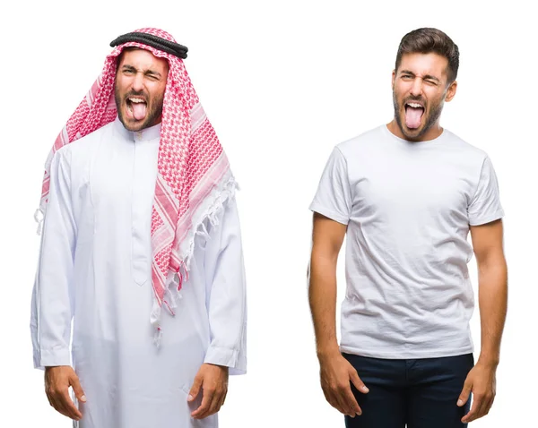 Kolaż Przystojny Młody Mężczyzna Emiraty Mężczyzna Białym Tle Trzymanie Języka — Zdjęcie stockowe