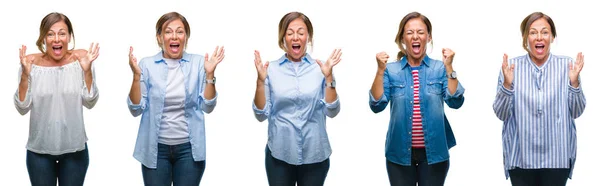 Collage Van Middelbare Leeftijd Latino Vrouw Geïsoleerde Achtergrond Vieren Gekke — Stockfoto