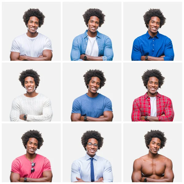 Collage of young african american man over isolated background happy face smiling with crossed arms looking at the camera. Positive person.