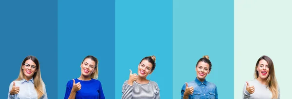 Collage Joven Hermosa Mujer Sobre Fondo Rayas Azules Haciendo Pulgares —  Fotos de Stock
