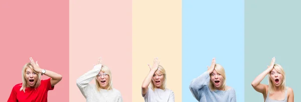 Collage Hermosa Mujer Rubia Sobre Rayas Colores Fondo Aislado Sorprendido — Foto de Stock