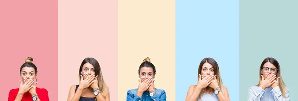 Collage Jeune Belle Femme Sur Fond Rayures Colorées Choqué Couvrant — Photo