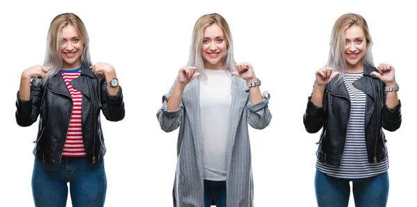 Collage Vacker Blond Ung Kvinna Bär Jacka Över Isolerade Bakgrund — Stockfoto