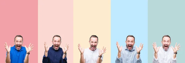 Collage Van Senior Hoary Knappe Man Kleurrijke Strepen Geïsoleerd Achtergrond — Stockfoto