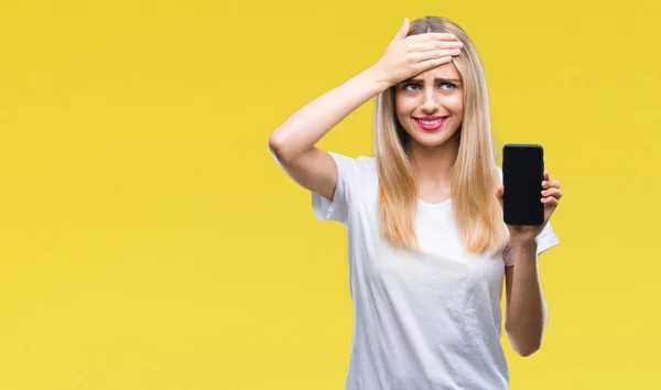 Unga Vackra Blonda Kvinnan Visar Smartphone Över Isolerade Bakgrund Stressad — Stockfoto