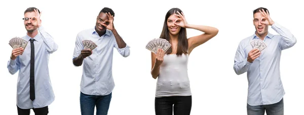 Collage Del Equipo Grupo Trabajadores Sosteniendo Billetes Banco Dólares Sobre — Foto de Stock