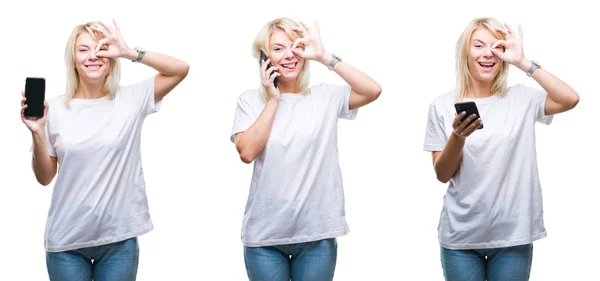 Collage Von Schönen Blonden Frau Mit Smartphone Über Isoliertem Hintergrund — Stockfoto