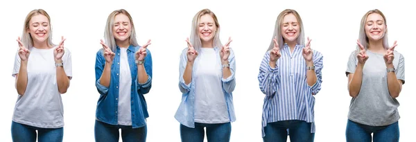 Colagem Bela Mulher Jovem Loira Sobre Fundo Isolado Sorrindo Cruzando — Fotografia de Stock