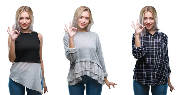 Collage Vacker Blond Ung Kvinna Över Isolerade Bakgrund Leende Positiva — Stockfoto
