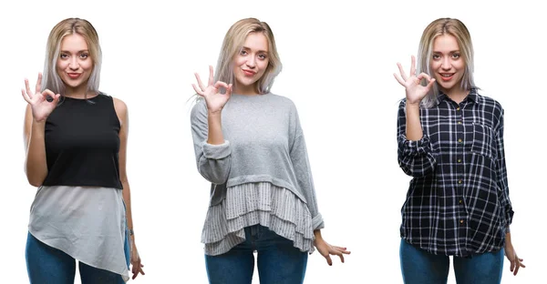 Collage Einer Schönen Blonden Jungen Frau Vor Isoliertem Hintergrund Die — Stockfoto