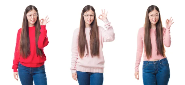 Collage Joven Hermosa Mujer China Sobre Fondo Aislado Sonriendo Positiva — Foto de Stock