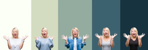 Collage Van Mooie Blonde Vrouw Groene Vintage Geïsoleerde Achtergrond Vieren — Stockfoto