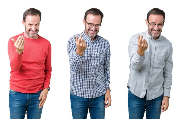 Colagem Homem Sênior Bonito Sobre Fundo Isolado Branco Beckoning Vir — Fotografia de Stock