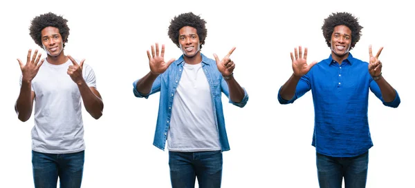 非洲裔美国年轻的无衫男子和商人的拼贴在孤立的背景下显示和指着手指 同时微笑着自信和快乐 — 图库照片