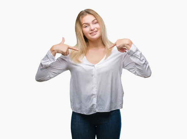 Young Caucasian Woman Isolated Background Looking Confident Smile Face Pointing — Stock Photo, Image