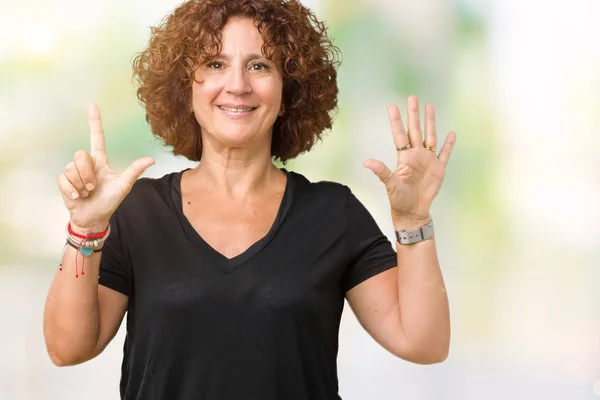 Mooie Midden Ager Senior Vrouw Geïsoleerde Achtergrond Weergeven Met Vingers — Stockfoto