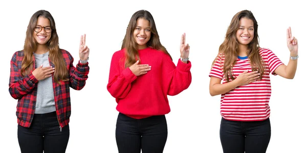 Collage Vackra Unga Kvinnan Över Isolerade Bakgrund Svordomar Med Handen — Stockfoto
